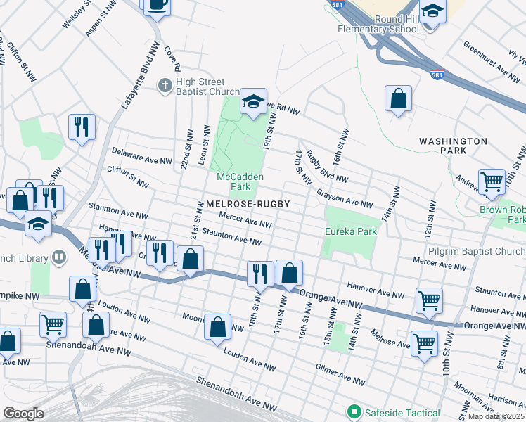 map of restaurants, bars, coffee shops, grocery stores, and more near 1880 Mercer Avenue Northwest in Roanoke