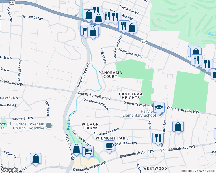 map of restaurants, bars, coffee shops, grocery stores, and more near 3836 Panorama Avenue Northwest in Roanoke