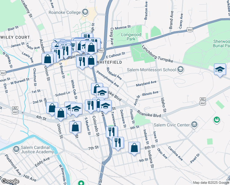 map of restaurants, bars, coffee shops, grocery stores, and more near 425 Roanoke Boulevard in Salem