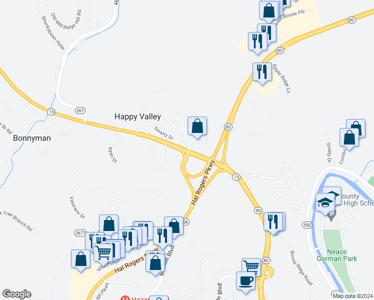 map of restaurants, bars, coffee shops, grocery stores, and more near Hal Rogers Parkway in Hazard