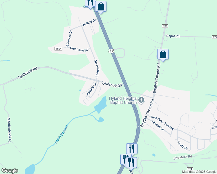 map of restaurants, bars, coffee shops, grocery stores, and more near 144 Lynbrook Road in Rustburg