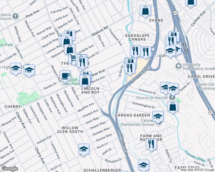 map of restaurants, bars, coffee shops, grocery stores, and more near 1027 Shenandoah Drive in San Jose