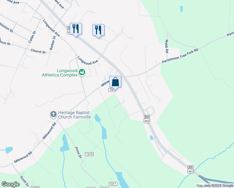 map of restaurants, bars, coffee shops, grocery stores, and more near 1814 Greenhouse Road in Farmville
