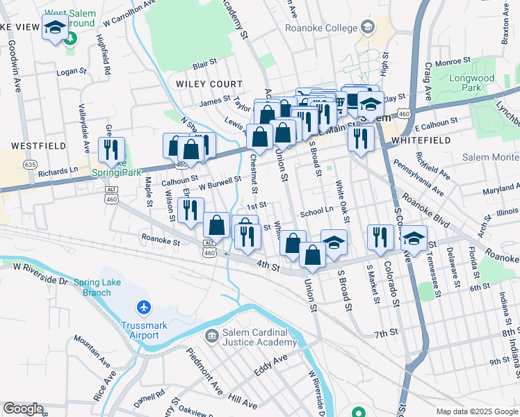 map of restaurants, bars, coffee shops, grocery stores, and more near 304 Chestnut Street in Salem