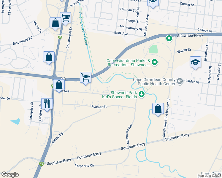 map of restaurants, bars, coffee shops, grocery stores, and more near 2100 Rust Avenue in Cape Girardeau