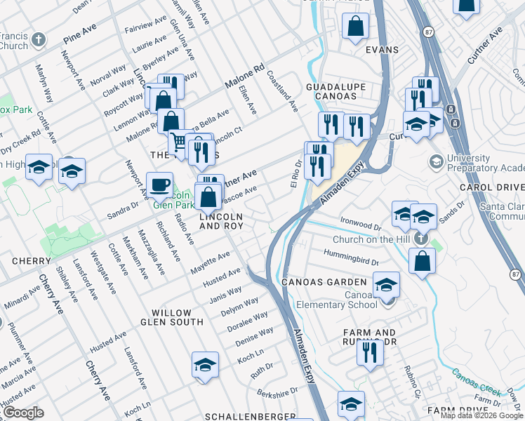 map of restaurants, bars, coffee shops, grocery stores, and more near 1027 Shenandoah Drive in San Jose