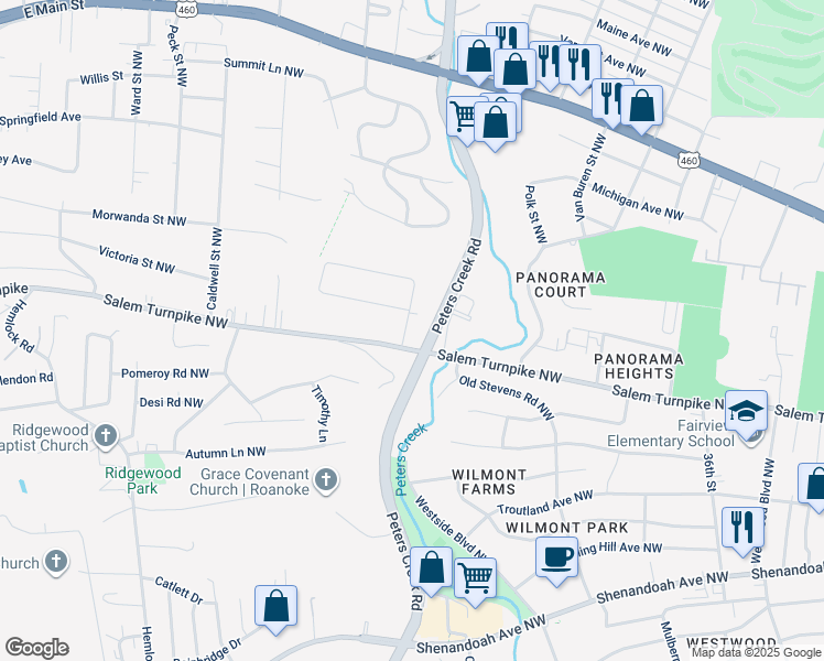 map of restaurants, bars, coffee shops, grocery stores, and more near 513 Gladies Street Northwest in Roanoke