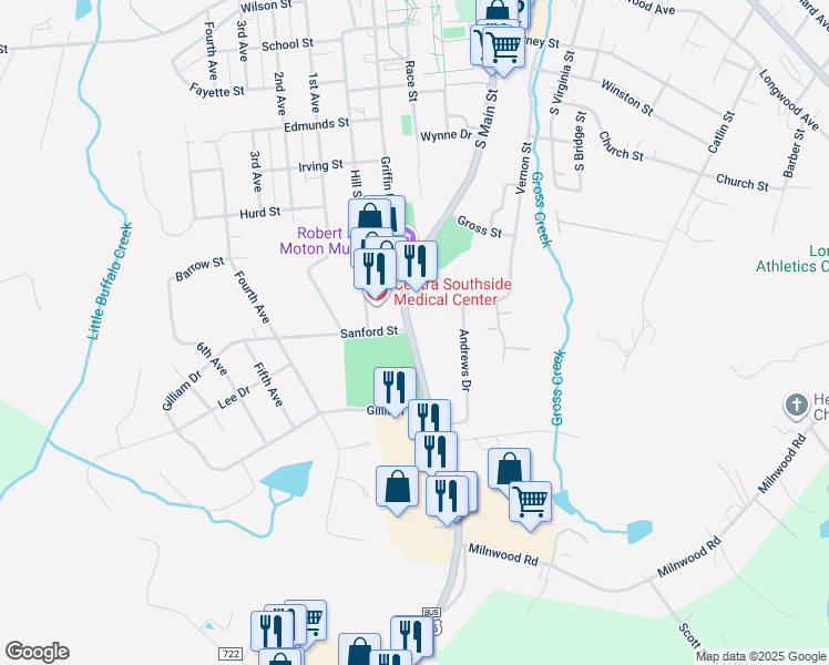 map of restaurants, bars, coffee shops, grocery stores, and more near 1110 South Main Street in Farmville