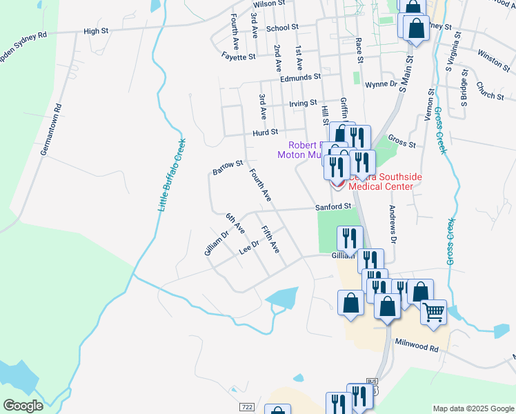 map of restaurants, bars, coffee shops, grocery stores, and more near 1703 Gilliam Drive in Farmville