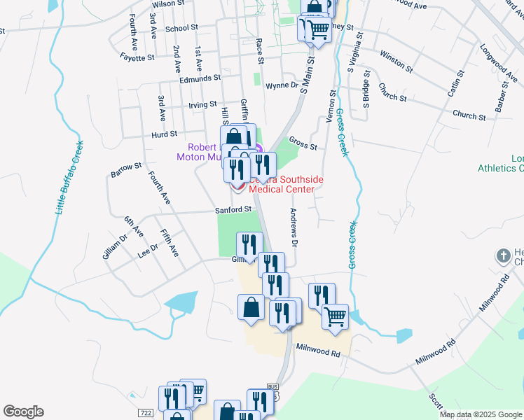 map of restaurants, bars, coffee shops, grocery stores, and more near 1110 South Main Street in Farmville