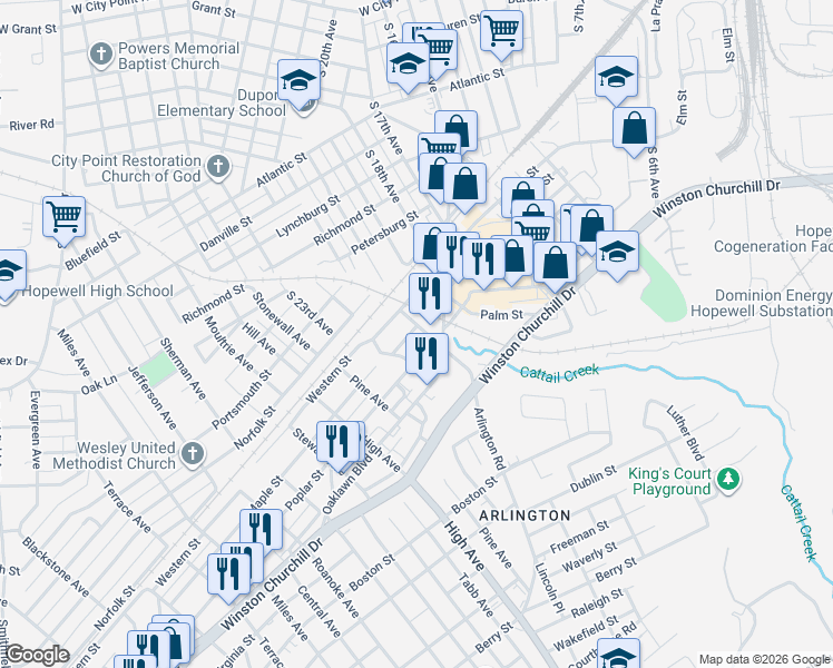 map of restaurants, bars, coffee shops, grocery stores, and more near 800 Arlington Road in Hopewell