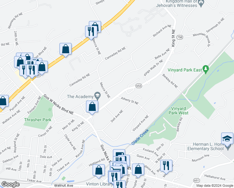 map of restaurants, bars, coffee shops, grocery stores, and more near 2818 King Street Northeast in Roanoke
