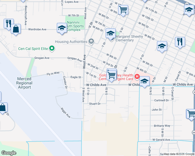 map of restaurants, bars, coffee shops, grocery stores, and more near 1206 West 1st Street in Merced