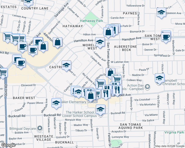 map of restaurants, bars, coffee shops, grocery stores, and more near 1729 Ensenada Drive in Campbell