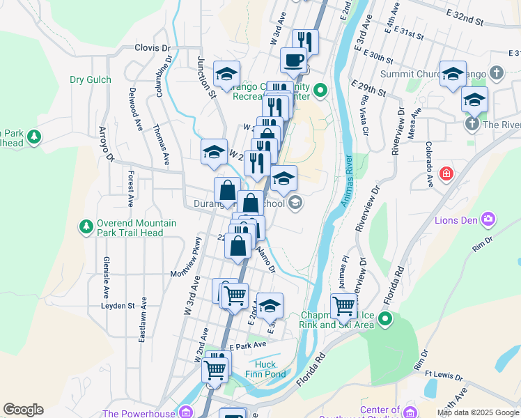 map of restaurants, bars, coffee shops, grocery stores, and more near 2298 Main Avenue in Durango