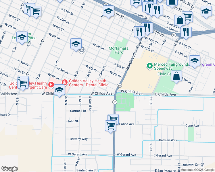 map of restaurants, bars, coffee shops, grocery stores, and more near 404 West 5th Street in Merced