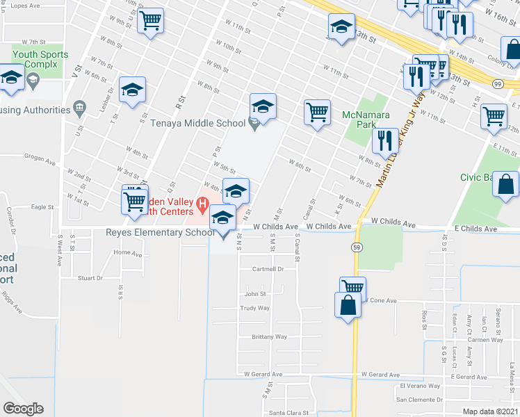 map of restaurants, bars, coffee shops, grocery stores, and more near 635 West Childs Avenue in Merced