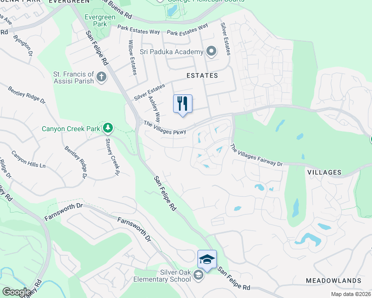 map of restaurants, bars, coffee shops, grocery stores, and more near 3315 Lake Albano Circle in San Jose