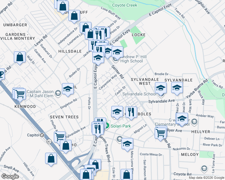 map of restaurants, bars, coffee shops, grocery stores, and more near 3436 Gemini Lane in San Jose