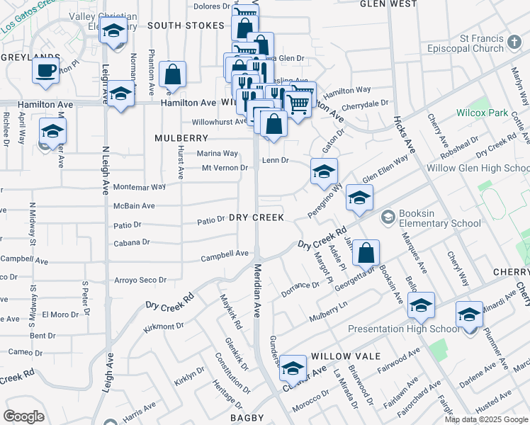 map of restaurants, bars, coffee shops, grocery stores, and more near 1932 Meridian Avenue in San Jose