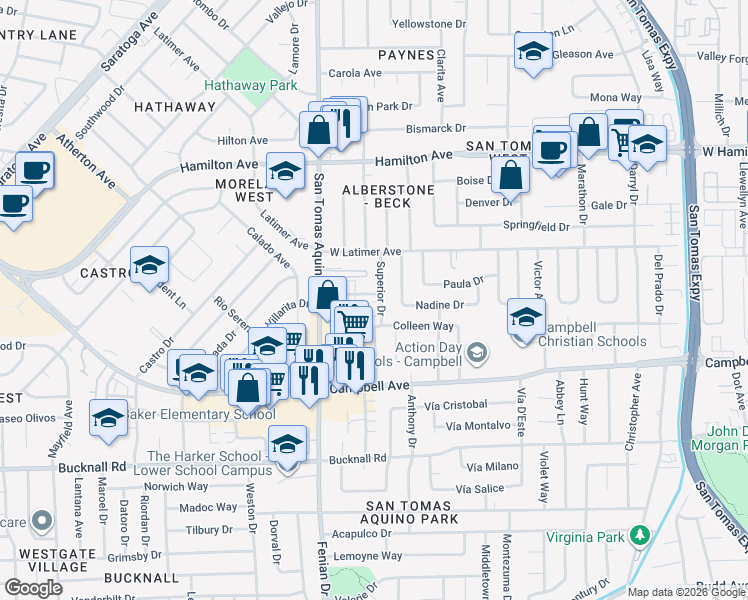 map of restaurants, bars, coffee shops, grocery stores, and more near 184 Superior Drive in Campbell
