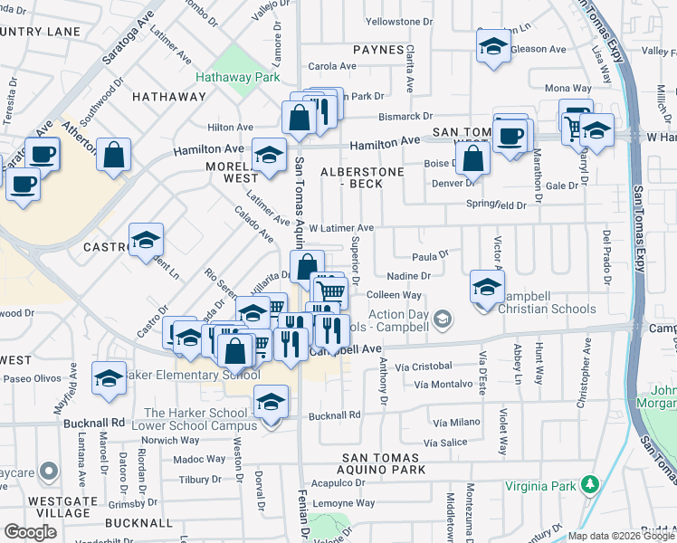 map of restaurants, bars, coffee shops, grocery stores, and more near 181 Burnham Court in Campbell