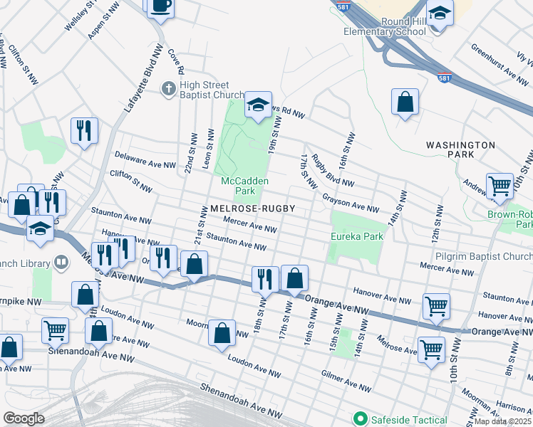 map of restaurants, bars, coffee shops, grocery stores, and more near 1880 Mercer Avenue Northwest in Roanoke