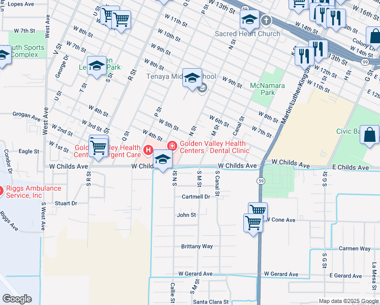 map of restaurants, bars, coffee shops, grocery stores, and more near 368 N Street in Merced