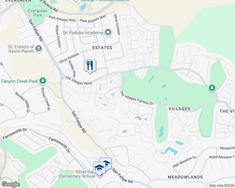 map of restaurants, bars, coffee shops, grocery stores, and more near 3430 Lake Albano Circle in San Jose