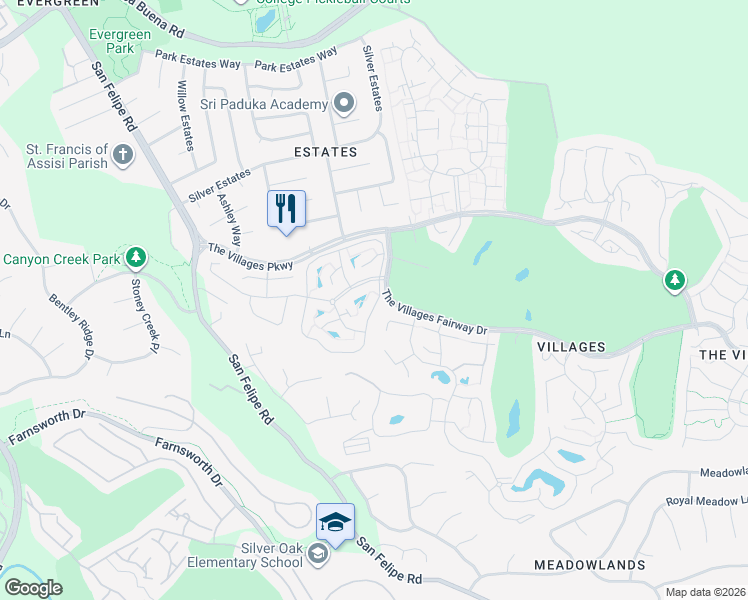 map of restaurants, bars, coffee shops, grocery stores, and more near 3430 Lake Albano Circle in San Jose
