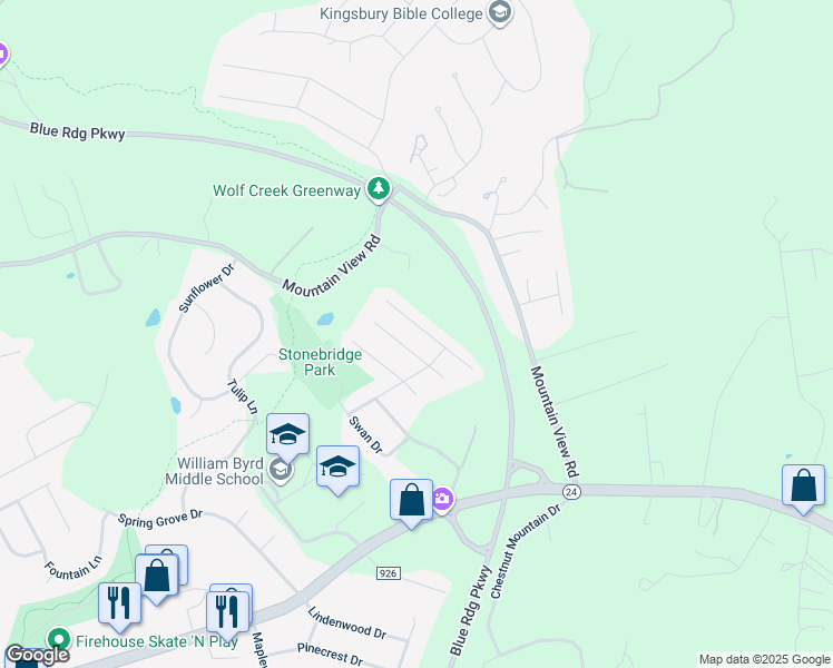 map of restaurants, bars, coffee shops, grocery stores, and more near 612 Castleridge Road in Vinton