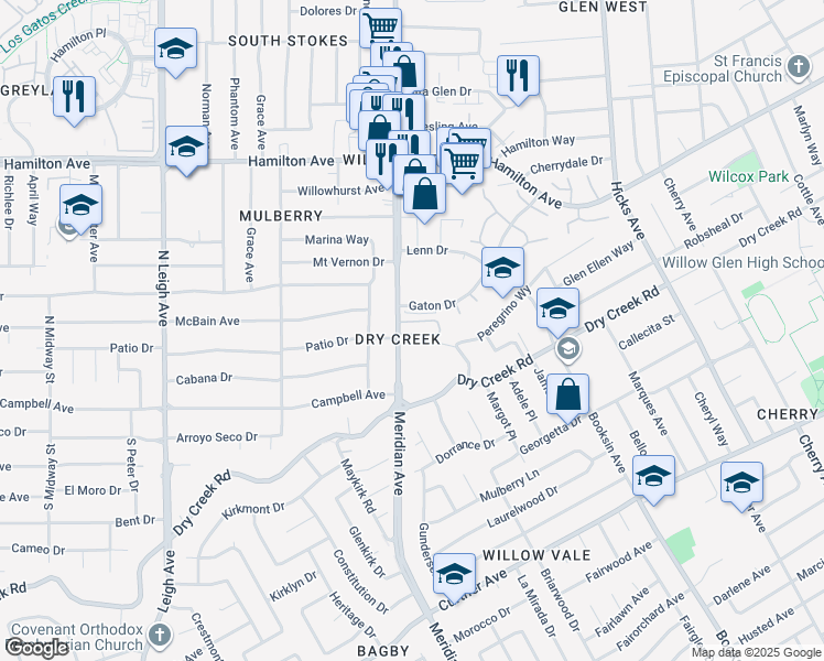 map of restaurants, bars, coffee shops, grocery stores, and more near 1898 Meridian Avenue in San Jose