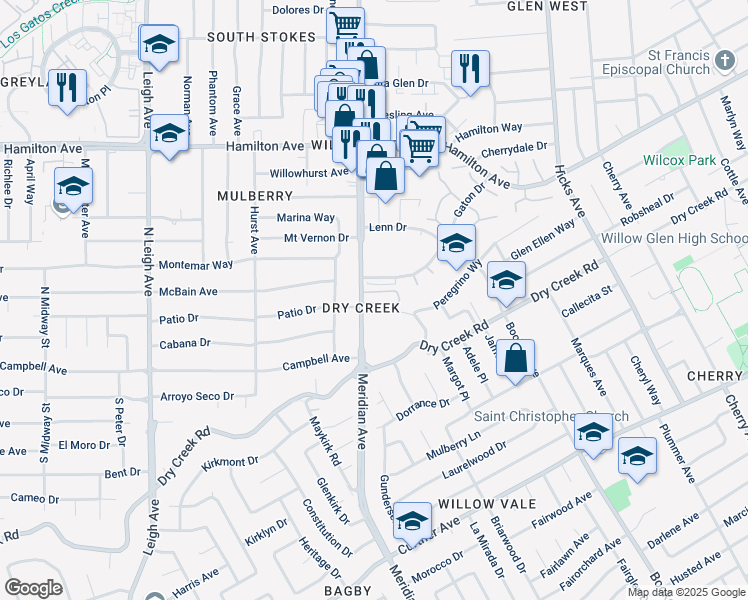 map of restaurants, bars, coffee shops, grocery stores, and more near 1898 Meridian Avenue in San Jose