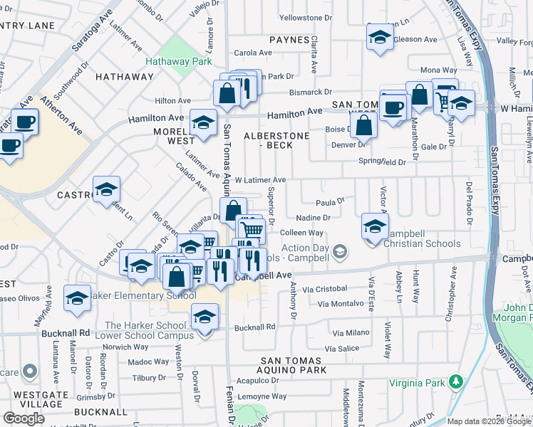 map of restaurants, bars, coffee shops, grocery stores, and more near 184 Superior Drive in Campbell