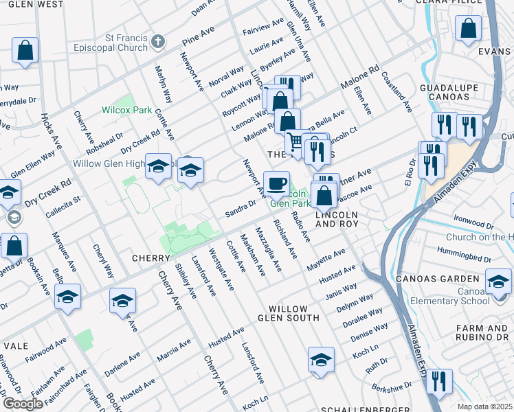 map of restaurants, bars, coffee shops, grocery stores, and more near 1214 Sandra Drive in San Jose