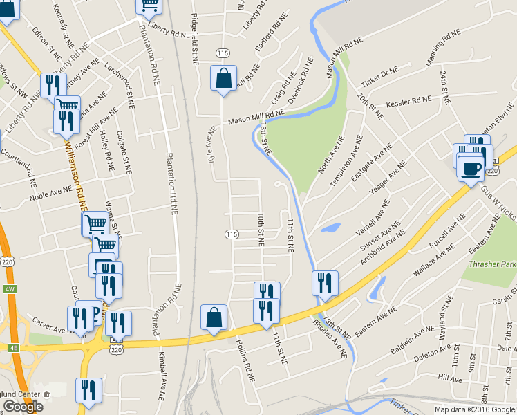 map of restaurants, bars, coffee shops, grocery stores, and more near 932 Missouri Avenue Northeast in Roanoke