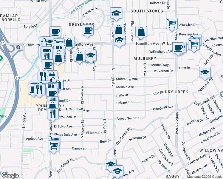 map of restaurants, bars, coffee shops, grocery stores, and more near 1500 Patio Drive in Campbell