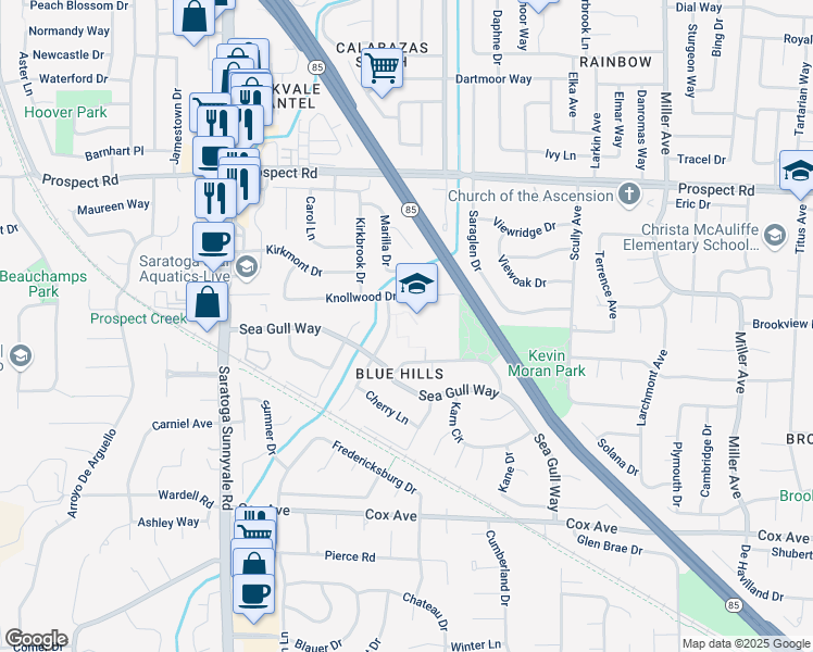 map of restaurants, bars, coffee shops, grocery stores, and more near 12300 De Sanka Avenue in Saratoga