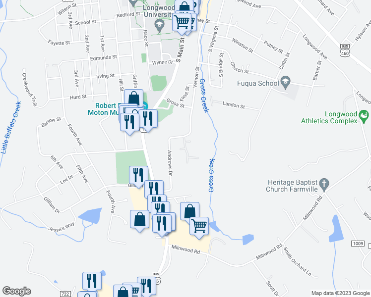 map of restaurants, bars, coffee shops, grocery stores, and more near Parkview Gardens in Farmville