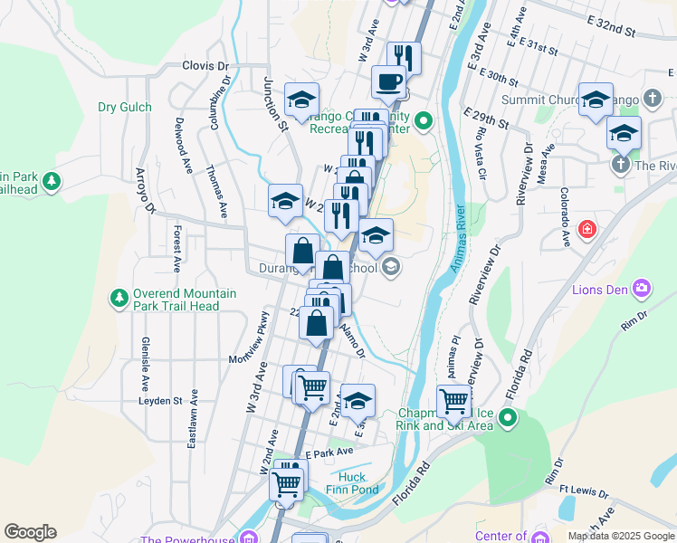 map of restaurants, bars, coffee shops, grocery stores, and more near 2250-2298 Main Avenue in Durango