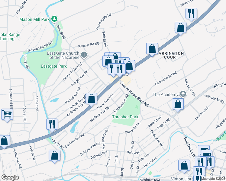 map of restaurants, bars, coffee shops, grocery stores, and more near 2002 Purcell Avenue Northeast in Roanoke