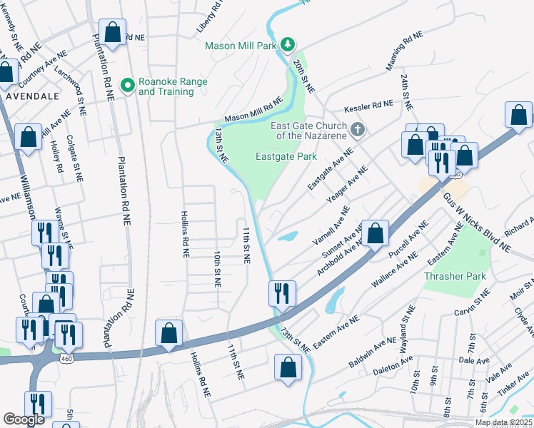 map of restaurants, bars, coffee shops, grocery stores, and more near 1324 Eastgate Avenue Northeast in Roanoke