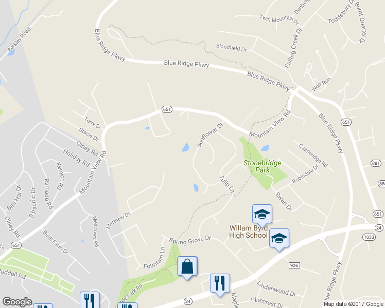 map of restaurants, bars, coffee shops, grocery stores, and more near 376 Sunflower Drive in Vinton
