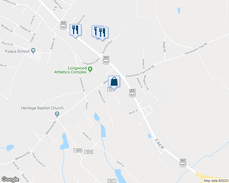 map of restaurants, bars, coffee shops, grocery stores, and more near 1812 Greenhouse Road in Farmville