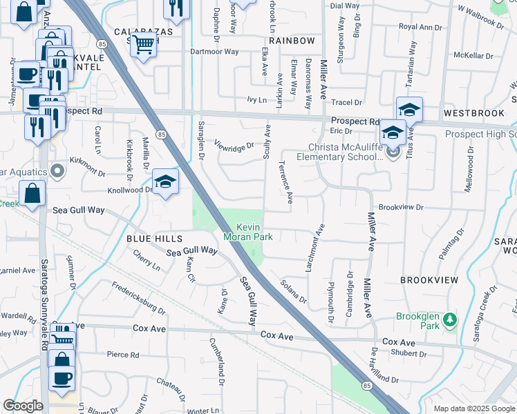 map of restaurants, bars, coffee shops, grocery stores, and more near 12340 Scully Avenue in Saratoga