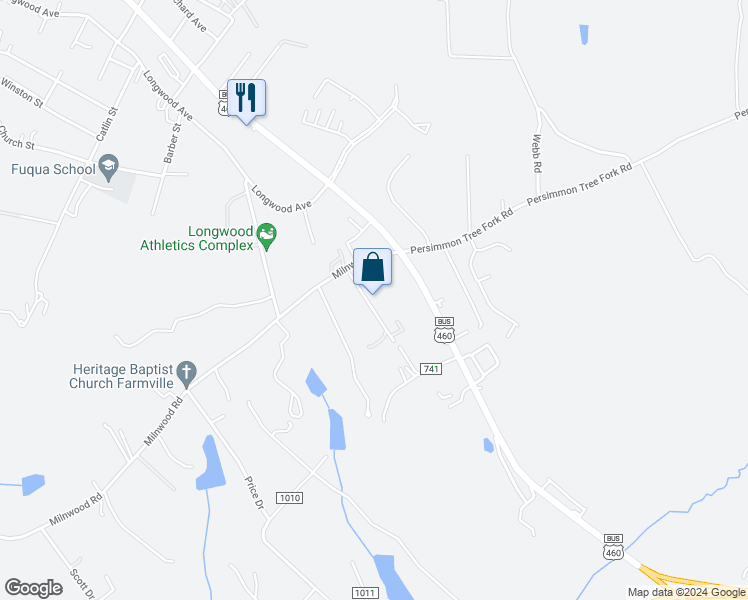 map of restaurants, bars, coffee shops, grocery stores, and more near 1812 Greenhouse Road in Farmville