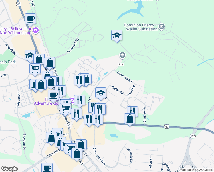 map of restaurants, bars, coffee shops, grocery stores, and more near 108 Arden Drive in Williamsburg