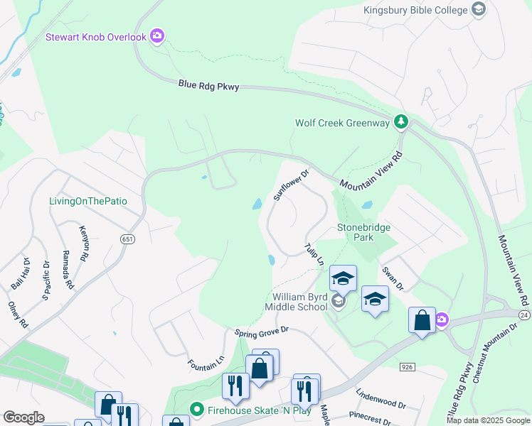 map of restaurants, bars, coffee shops, grocery stores, and more near 376 Sunflower Drive in Vinton