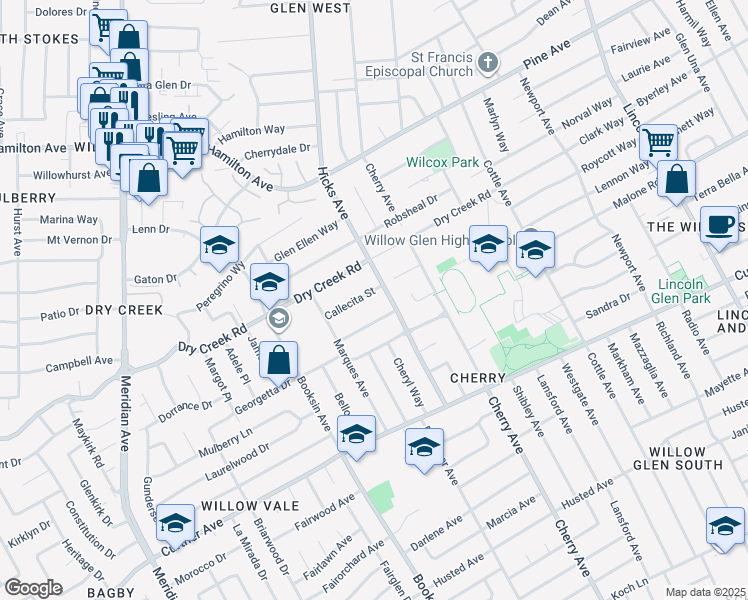 map of restaurants, bars, coffee shops, grocery stores, and more near 1430 Callecita Street in San Jose