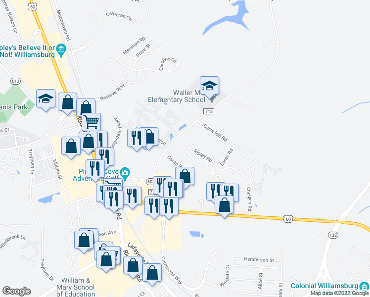 map of restaurants, bars, coffee shops, grocery stores, and more near 108 Arden Drive in Williamsburg